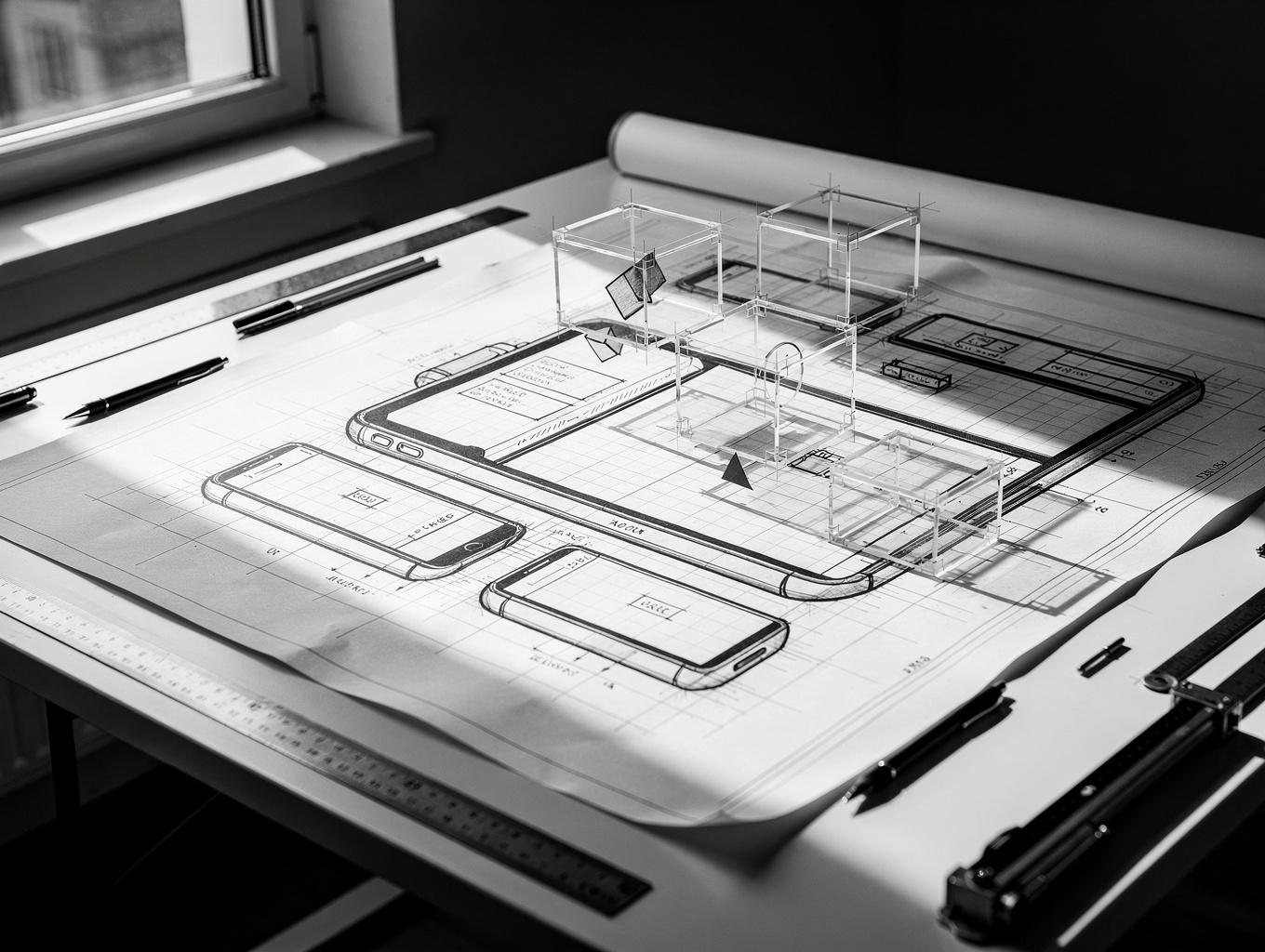 Technical wireframe grid representing the team site structure